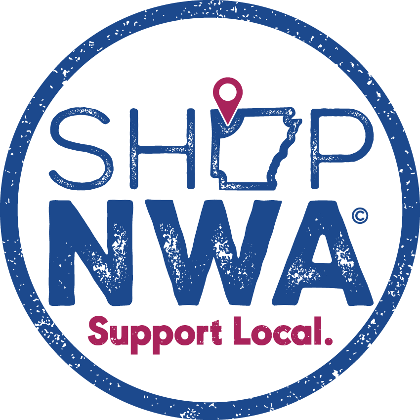 Logo with text: "Shop NWA" and "Support Local," featuring the outline of Arkansas with a location pin.