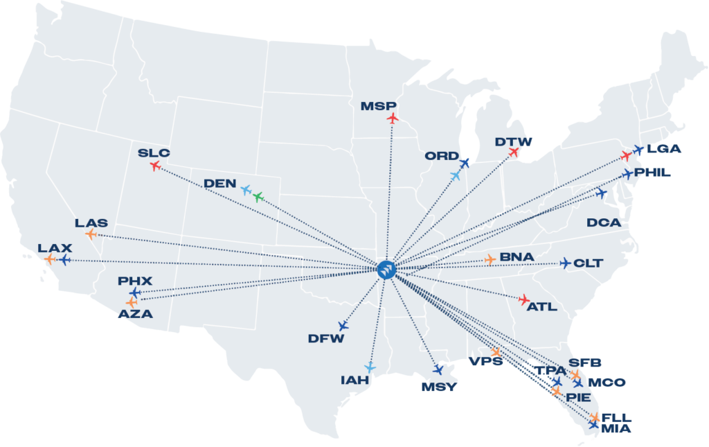 Map of the U.S. showing air routes from a central airport to various destinations, marked by airport codes such as MSP, DEN, ORD, DFW, and ATL. Ideal for planning trips to meeting venues in Rogers or connecting through major hubs.